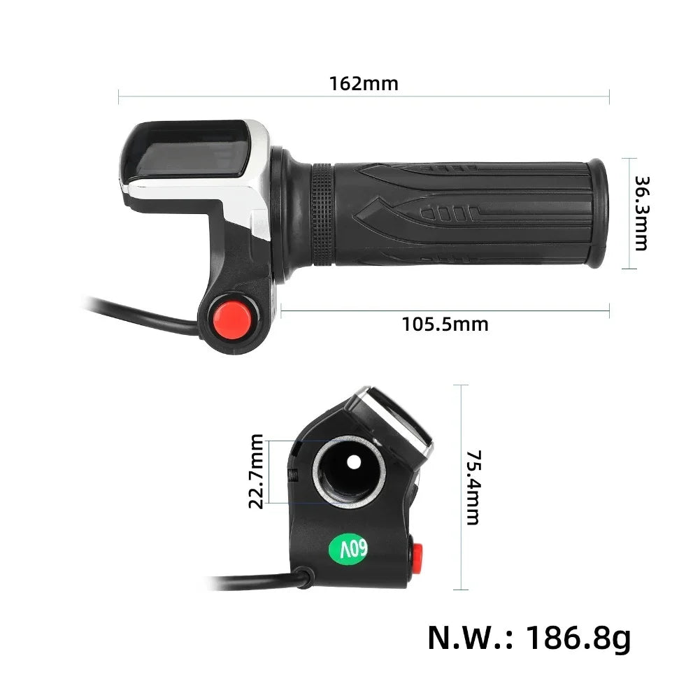 60V E-Bike Throttle Grip with LCD Display for Speed and Battery Status Includes Speed Control and Lock for Enhanced Security