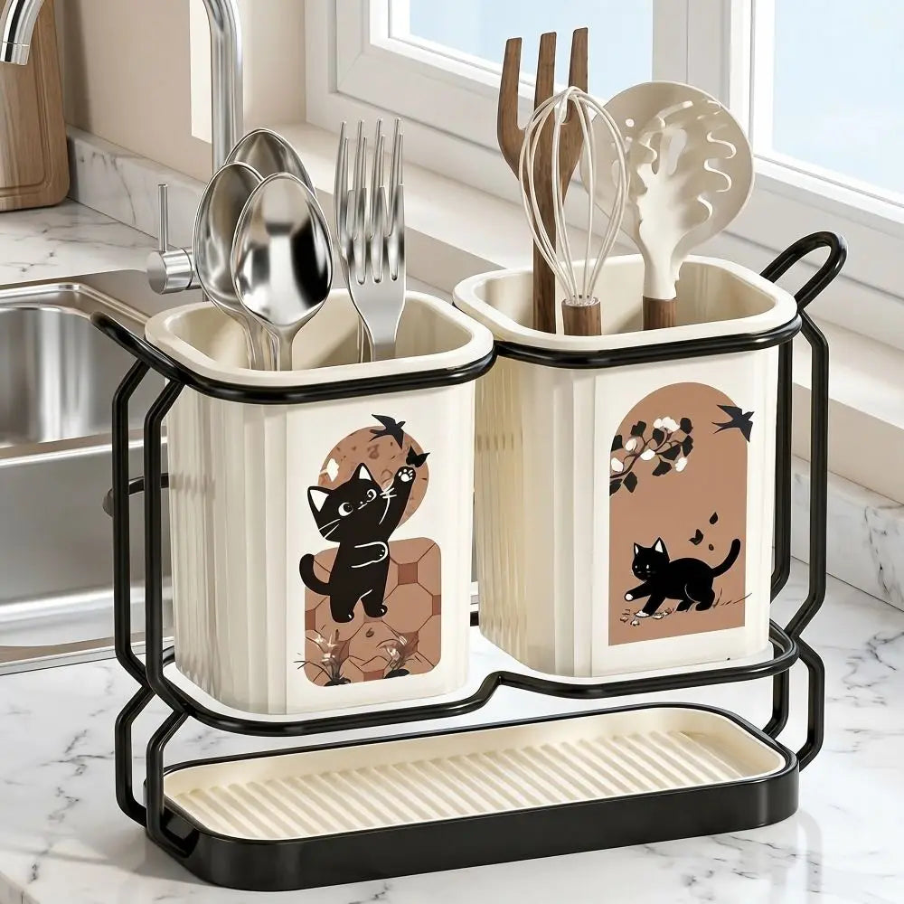 Cute Cat Kitchen Storage Basket Durable Organizer Cutlery Holder Standing No-drill Tableware Drainer Household