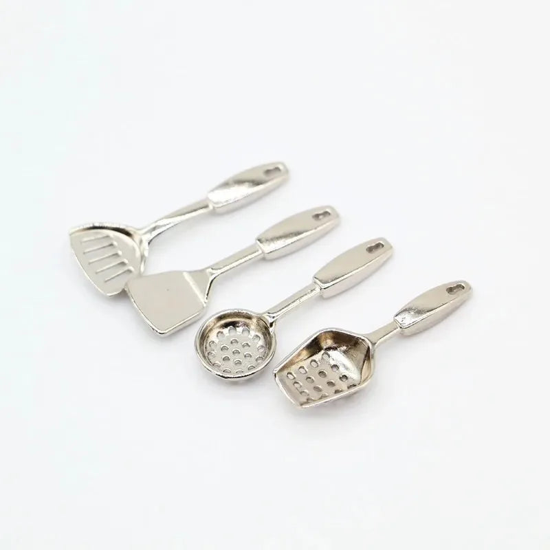 1:12 Dollhouse Miniatures Mini Kitchen Tableware Wooden Knife And Fork Metal Pot Set Doll House Toys Decor Accessories
