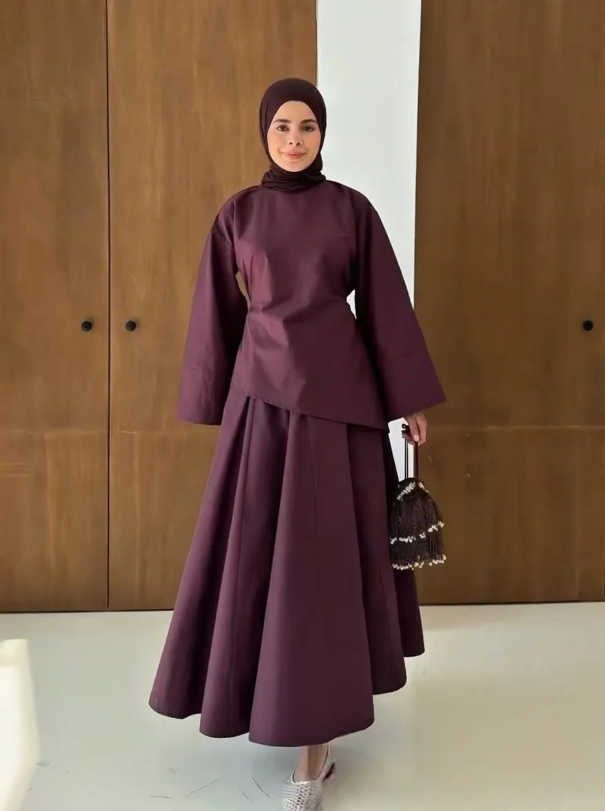 Elegant Muslim Women 2 Piece Abaya Set Ramadan Modest Summer Daily Turkey Top and Skirt Suit Islamic Casual Outfit for Eid