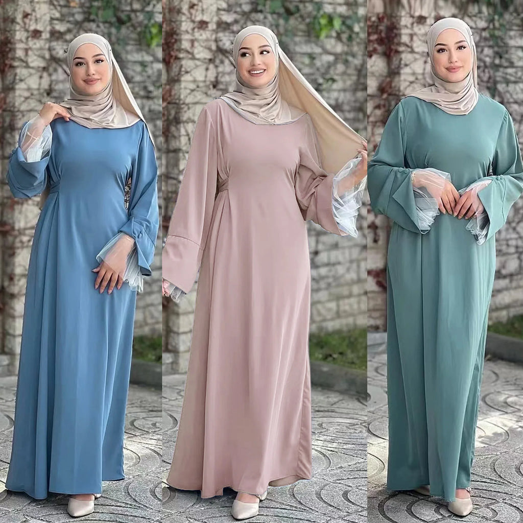 2025 Ramadan Modest Muslim Women's Clothes Elegant Arabic Back Belted Abaya Dress with Lace Sleeves Islamic Flared Maxi Robe