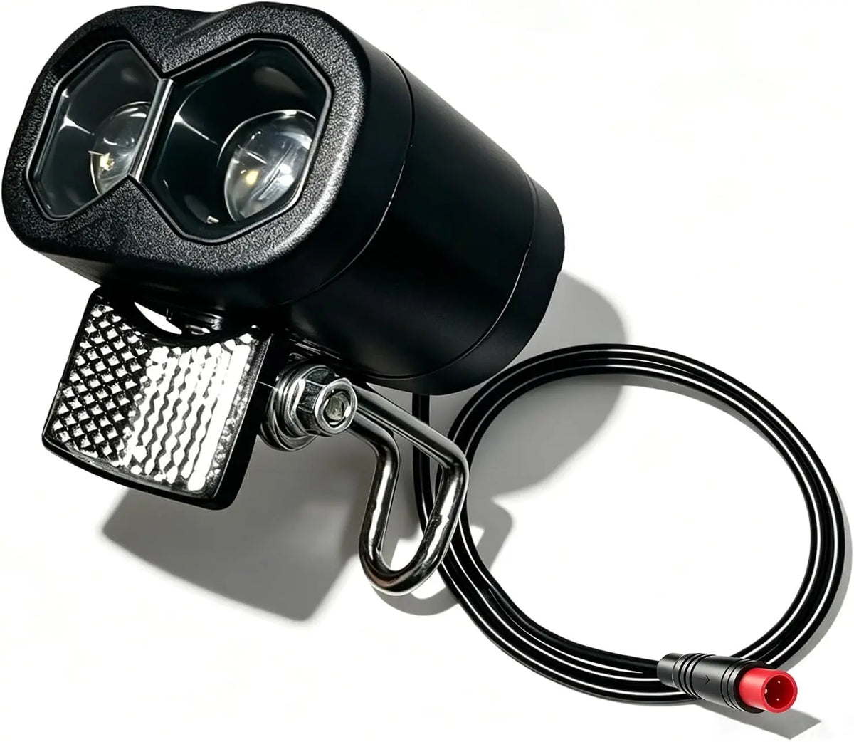 12V-60V universal ebike headlight with horn, IPX4 waterproof, 115Lux low beam, 2/3-pin plug, riser mount for e-bikes & scooters