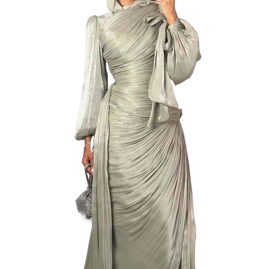 Islamic Clothing Modest Fashion Kaftan Luxury Organza Dress Women Shiny Modest Dress Elegant Ruffle Design Evening Gown