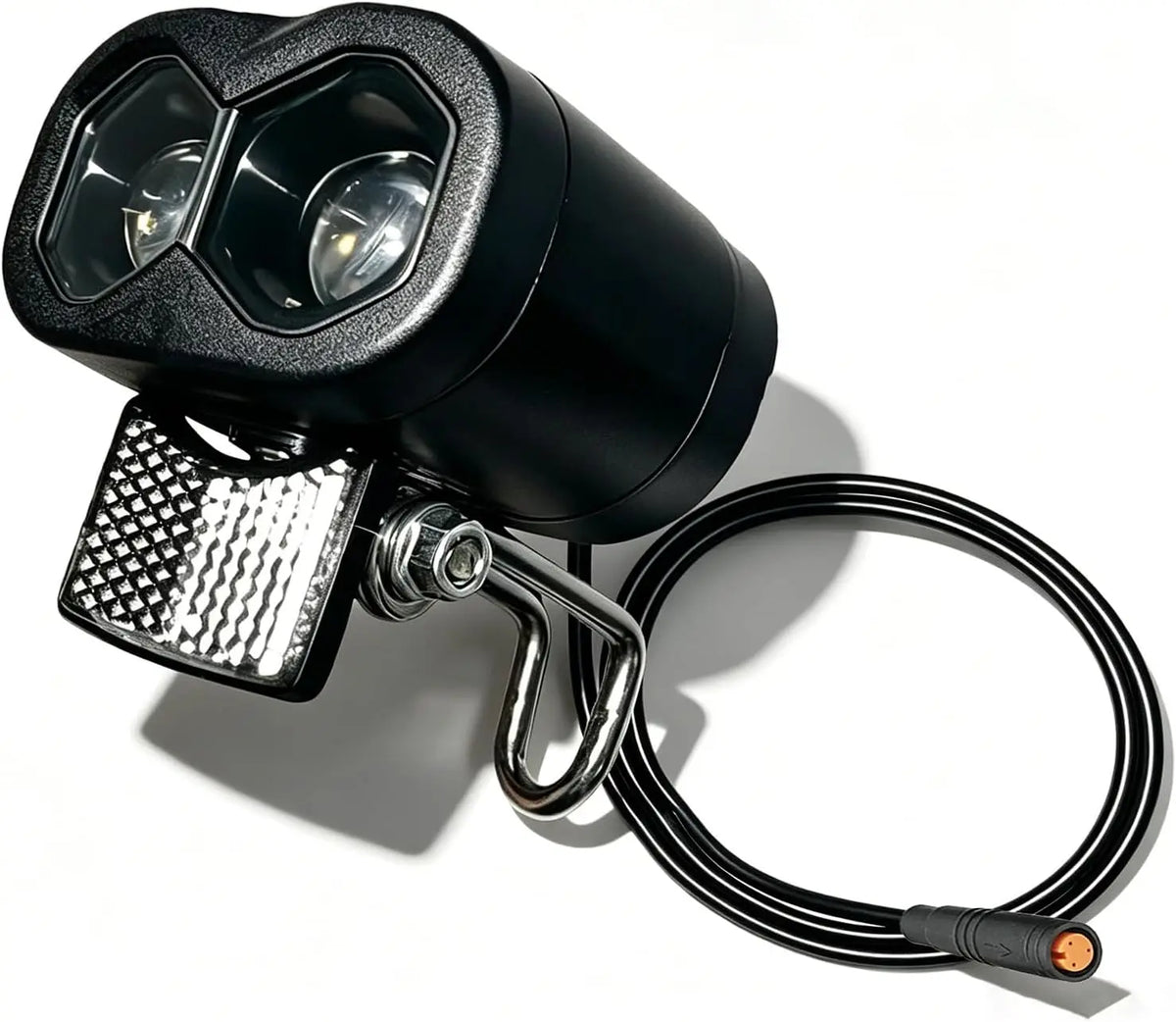 12V-60V universal ebike headlight with horn, IPX4 waterproof, 115Lux low beam, 2/3-pin plug, riser mount for e-bikes & scooters