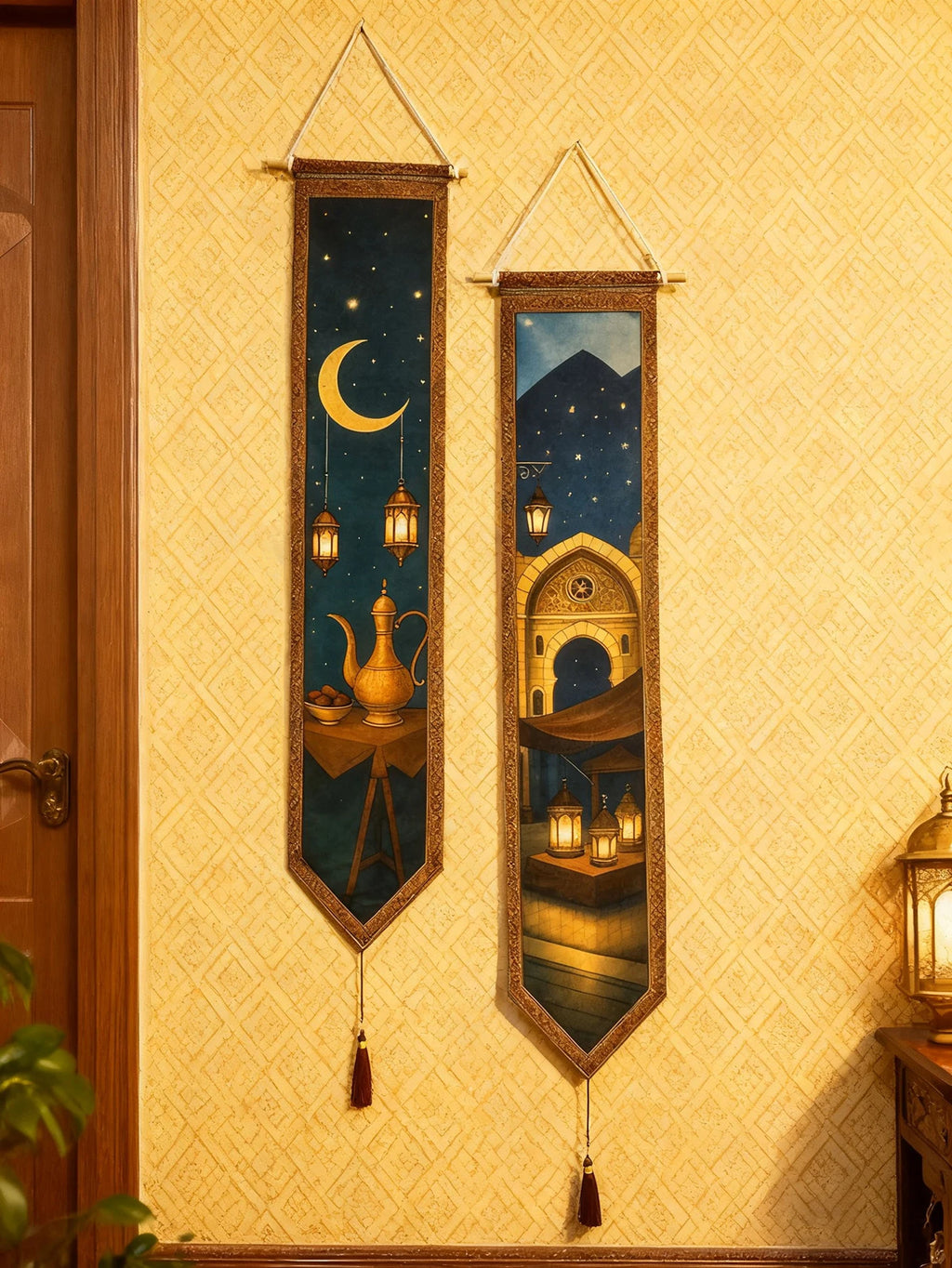 Islamic Ramadan Wall Banner Moon Lantern Mosque Tapestry for Eid Mubarak Kareem Muslim Festival Home Decor Hanging Ornament Gift
