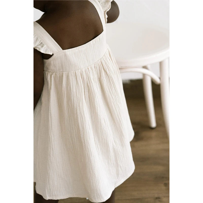 100%Cotton Muslin Girls White Dress With Lined Summer New Retro Baby Girl Sleeveless Ruffled Straps Flowy Princess Dresses TZ385