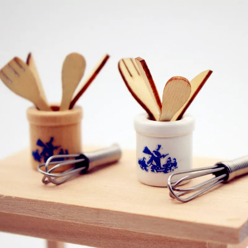 2026 New Miniature Dollhouse Kitchen Tools Set Wooden Spatula Knife Fork Egg Beater Jar Home Decor Photography Props Mini Toys