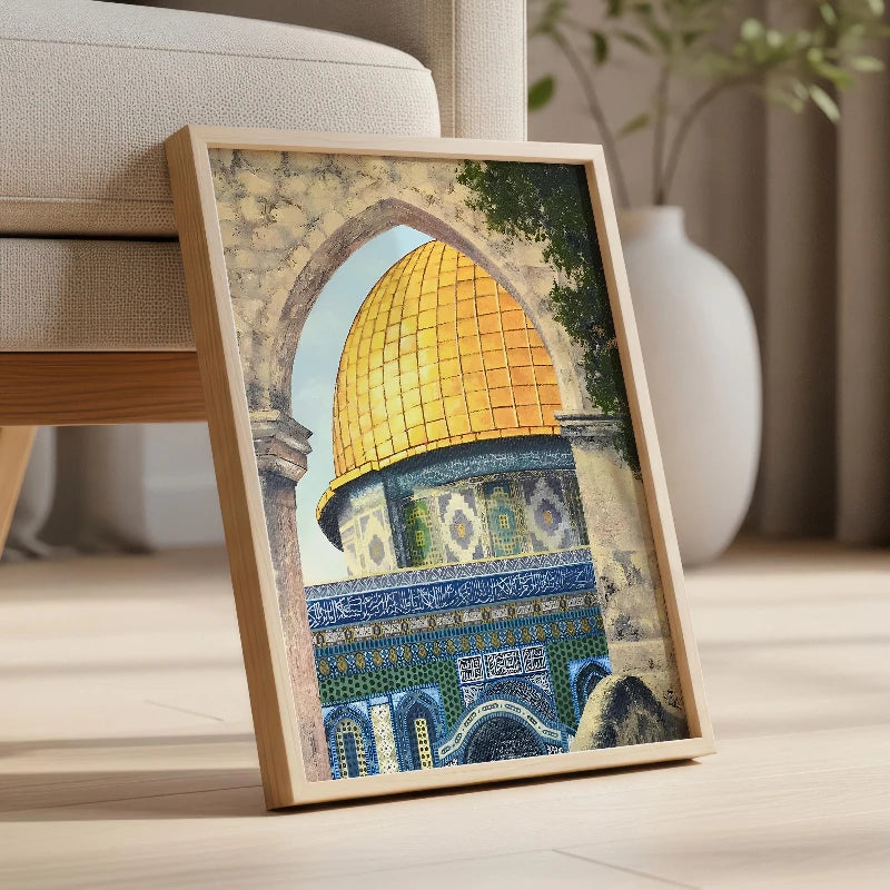 Wandkunst der Al Aqsa-Moschee, islamische Kunst für Wohnzimmer, goldenes Kuppelposter, Palästina-Kunstdrucke, Moschee-Druck, Heimdekoration, Geschenk