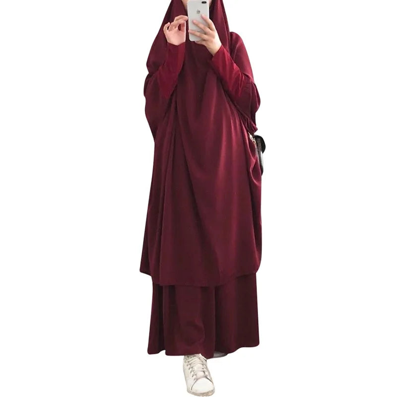 Eid Women Long Khimar 2 Piece Set Prayer Garment Djellaba  Abaya Muslim Ramadan Gown Dubai Arab Islamic Niqab Burka Jubah Jilbab