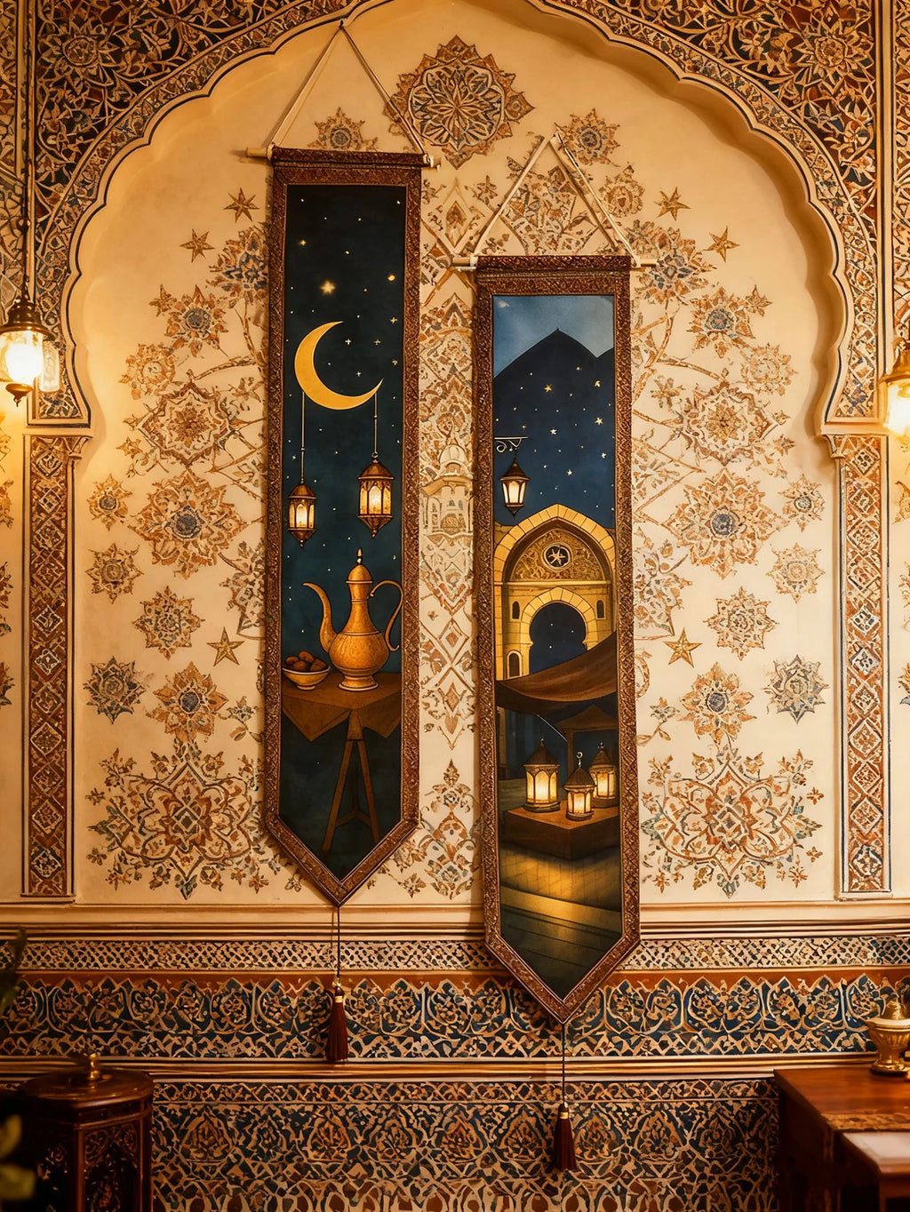 Islamic Ramadan Wall Banner Moon Lantern Mosque Tapestry for Eid Mubarak Kareem Muslim Festival Home Decor Hanging Ornament Gift