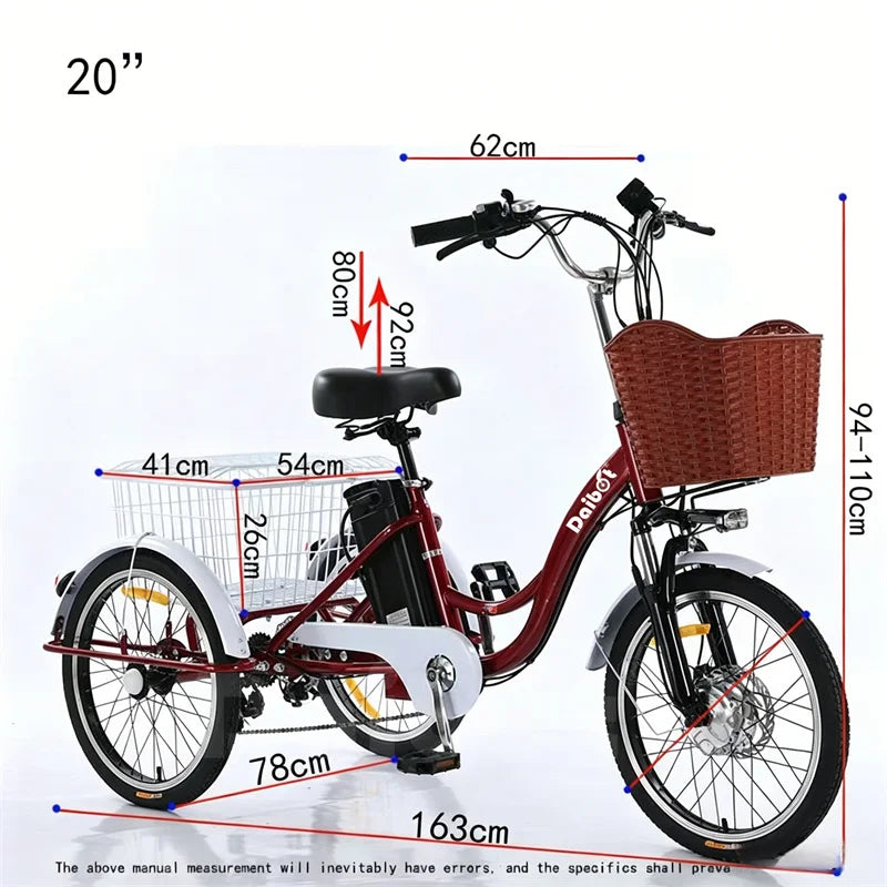 20inch 3 Wheels Electric Bike For Adults 350W 48V 7 Speed Cargo Electric Tricycle For Elderly People Removable Battery