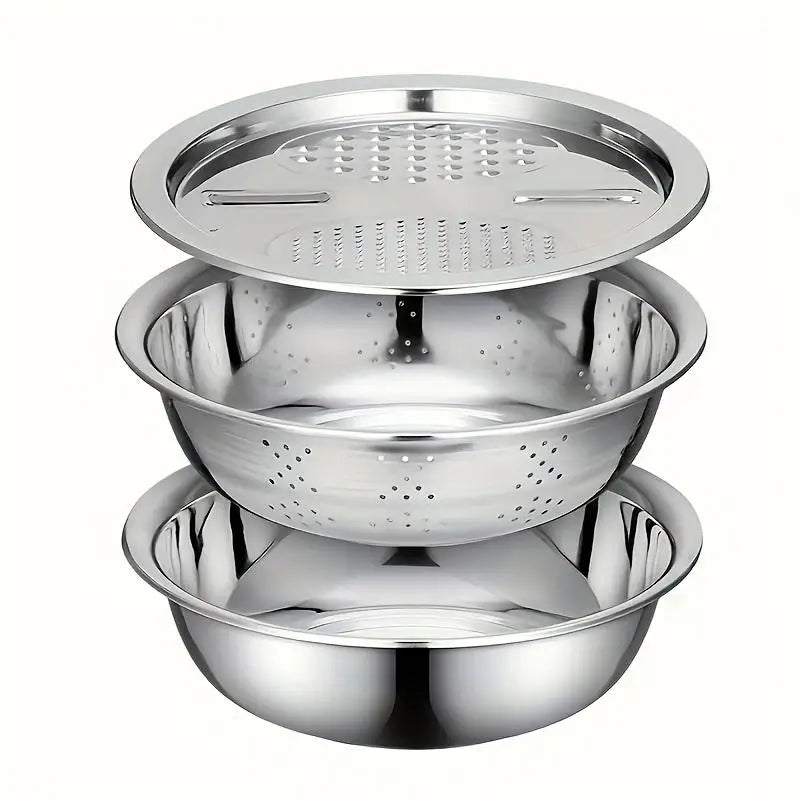 3-Piece Kitchen Set, Stainless Steel Mixing Bowl & Cutting System, Easy Clean Design, Space-Saving, Ideal for Home Cooking