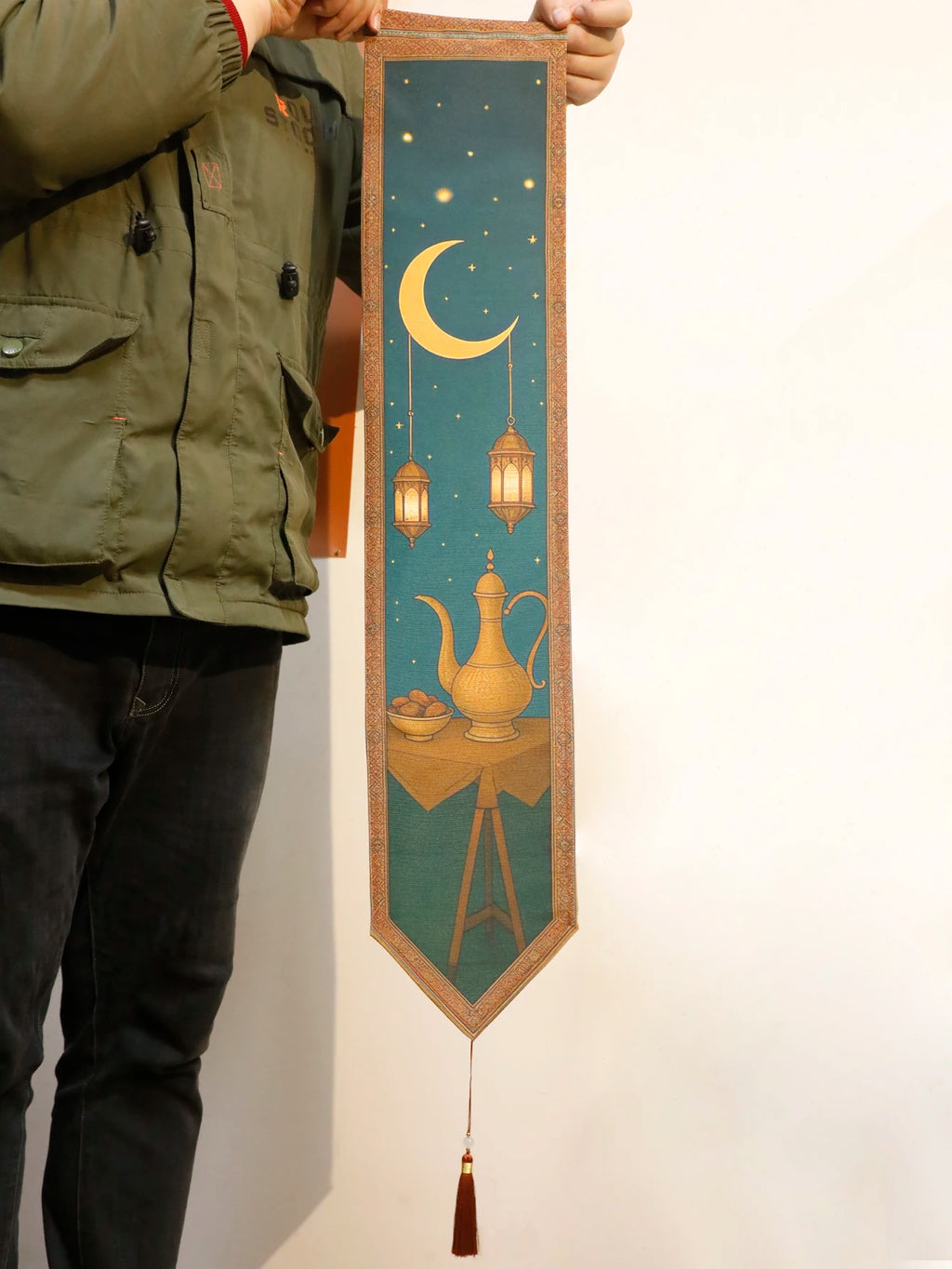 Islamic Ramadan Wall Banner Moon Lantern Mosque Tapestry for Eid Mubarak Kareem Muslim Festival Home Decor Hanging Ornament Gift