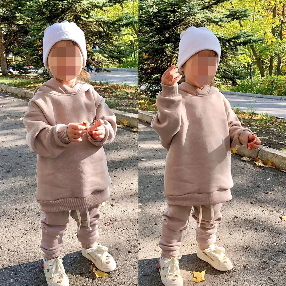 2026 Children Kids Fleece Winter Outfits Solid Cotton Hooded Sweatshirt+Pants Toddler Infant Suit Boy Girl Casual Warm Clothes