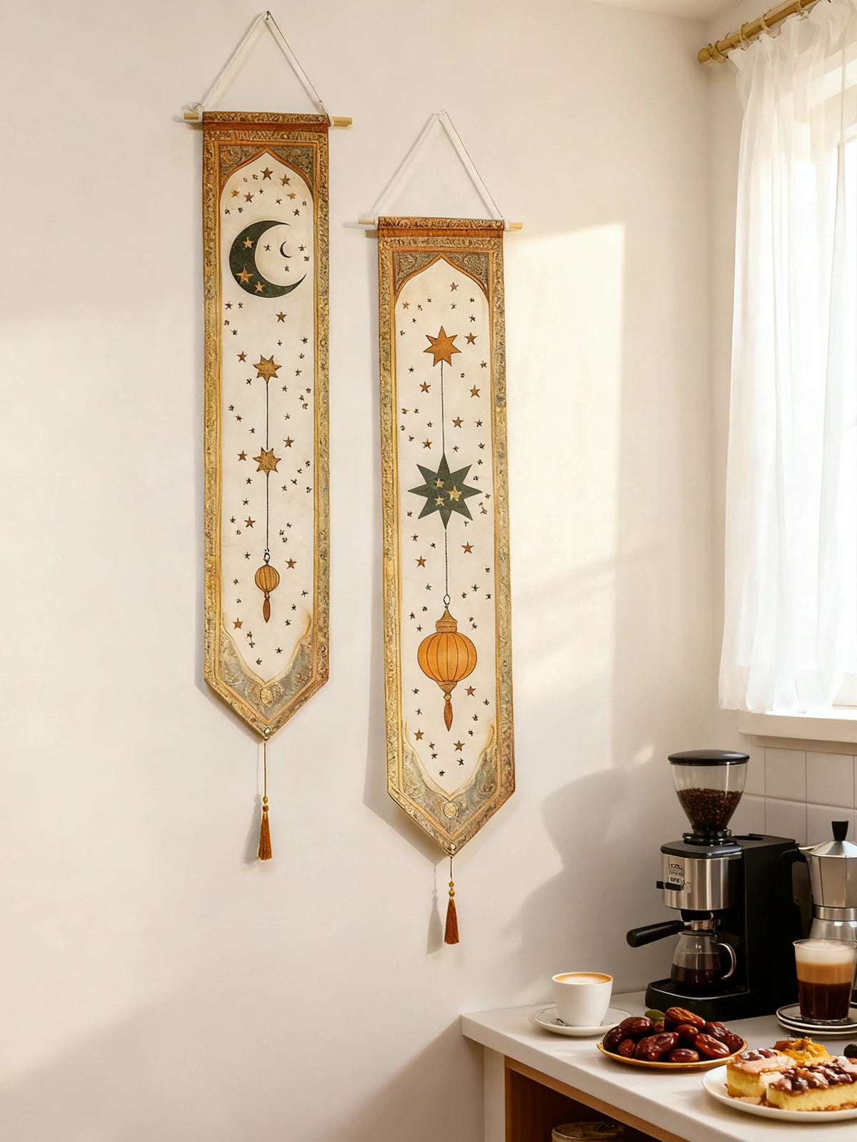 Islamic Ramadan Wall Banner Moon Star Lantern Tapestry for Eid Mubarak Kareem Muslim Festival Home Decor Hanging Ornaments Gifts
