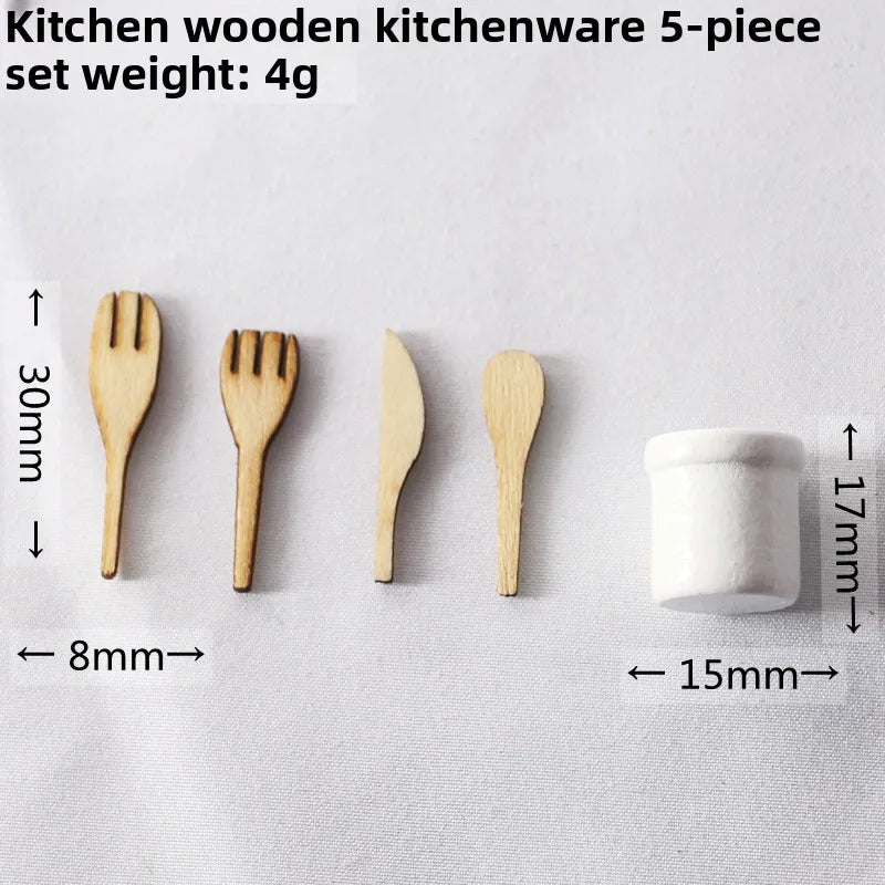 2026 New Miniature Dollhouse Kitchen Tools Set Wooden Spatula Knife Fork Egg Beater Jar Home Decor Photography Props Mini Toys