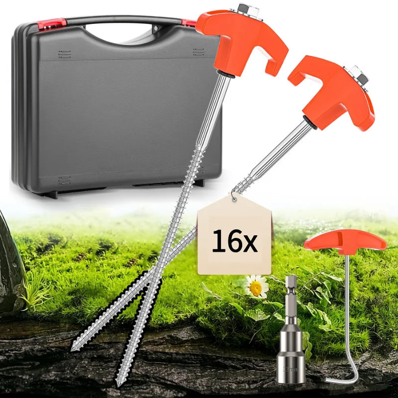12/16/24PCs Screw pegs tent steel pegs Camping tent pegs Set Herring Earth nails Stable tent ground anchor 25CM Camping Herring Puls 13MM Hexagon Drill for Hard Ground Forest Grass