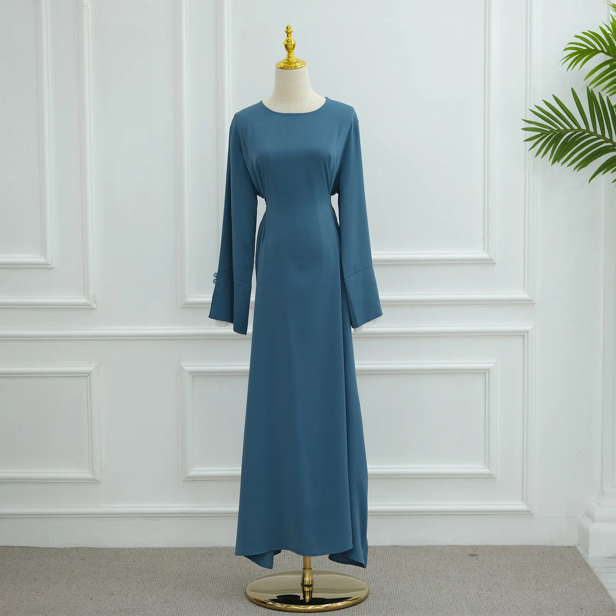 2025 Ramadan Modest Muslim Women's Clothes Elegant Arabic Back Belted Abaya Dress with Lace Sleeves Islamic Flared Maxi Robe