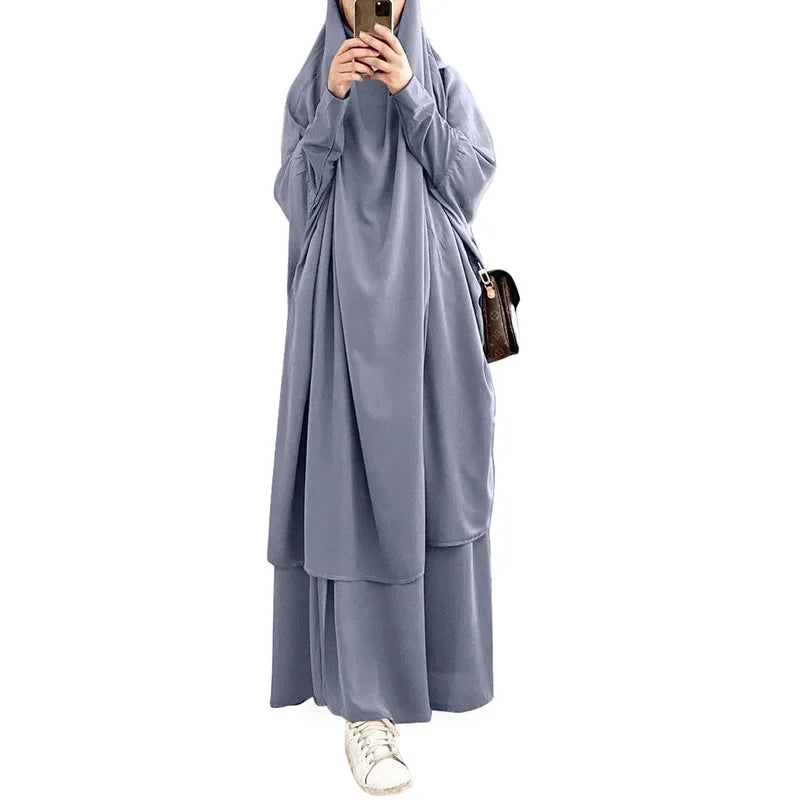 Eid Women Long Khimar 2 Piece Set Prayer Garment Djellaba  Abaya Muslim Ramadan Gown Dubai Arab Islamic Niqab Burka Jubah Jilbab