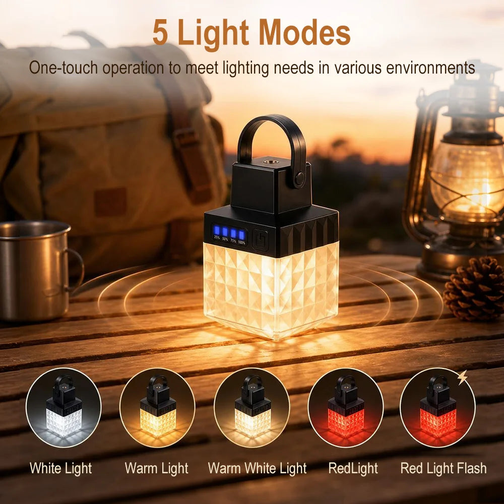 Outdoor LED Camping Lantern Portable 360° Hanging Light 5 Lighting Modes USB Rechargeable Tent Light Waterproof Emergency Ligh