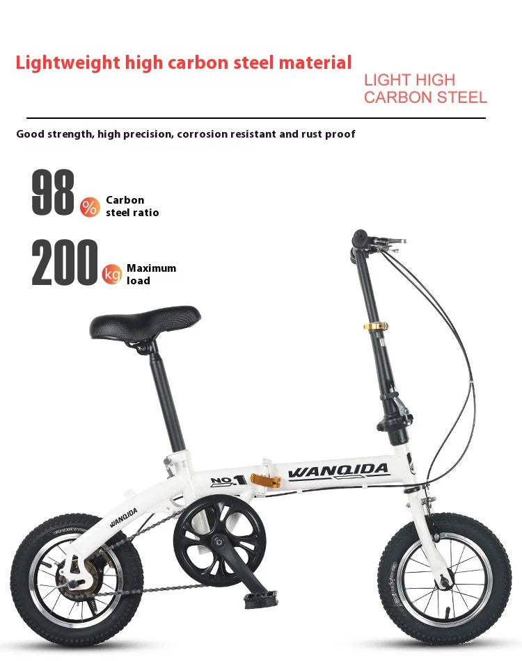 Foldable bicycle, 12-inch small bike for boys and girls, portable and ultra-light transmission with disc brakes