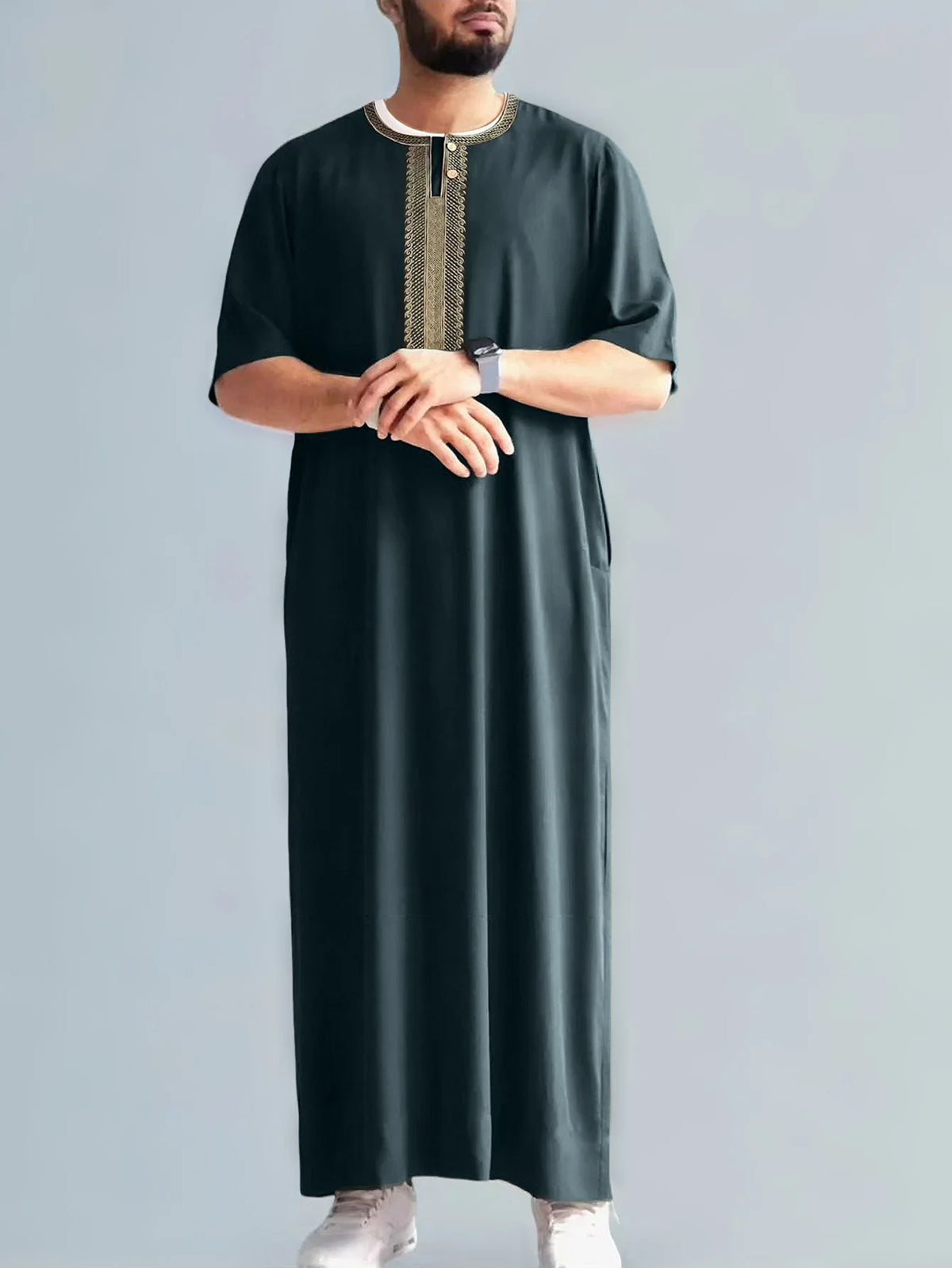 2026 Ethnic Style Muslim Clothing Eid Middle East Robe Men Thobe Arab Islamic Kaftan with Pocket Loose Casual Embroidered Abayas