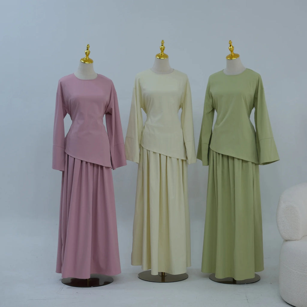 Elegant Muslim Women 2 Piece Abaya Set Ramadan Modest Summer Daily Turkey Top and Skirt Suit Islamic Casual Outfit for Eid