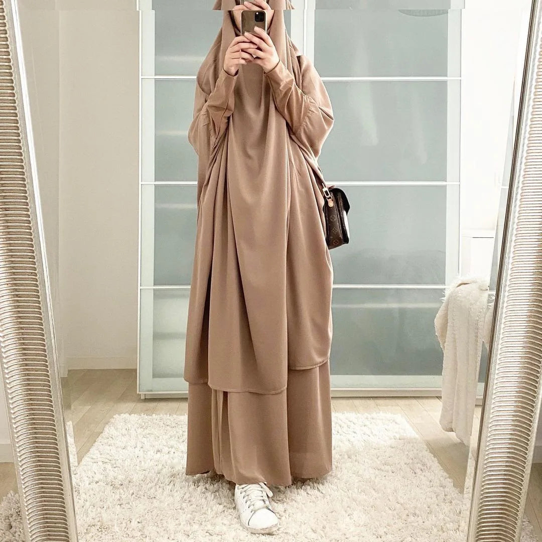 Eid Women Long Khimar 2 Piece Set Prayer Garment Djellaba  Abaya Muslim Ramadan Gown Dubai Arab Islamic Niqab Burka Jubah Jilbab