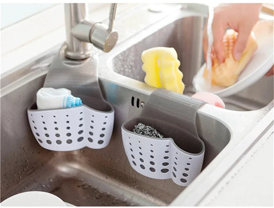 2 Sided Kitchen Sponge Drain Rack Sink Scouring Pad Hanging Storage Basket Cleaning Brush Holder Soap Organizer Shelf