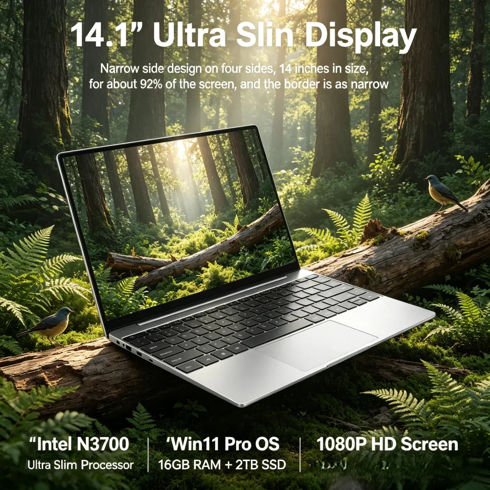 14.1" Ultra Slim Laptop Intel N3700 Win11 Pro 16GB RAM 2TB SSD 1080P HD Business & Gaming Notebook