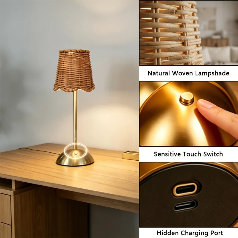 Bohemian Woven Rattan Art Table Lamp, 3-Level Dimmable Design with Touch Control And USB Power Supply. Made of Metal Material, Suitable for Lighting in Bedroom, Living Room, Study And Dining Room. A Great Gift Choice for Family And Friends
