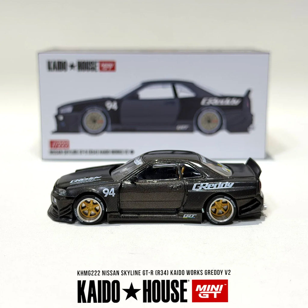 Mini GT x Kaido House 1:64 Nissan Skyline GT-R R34 Kaido Works Greddy V2 Full Carbon Diecast Model Car Item#KHMG222 In Stock