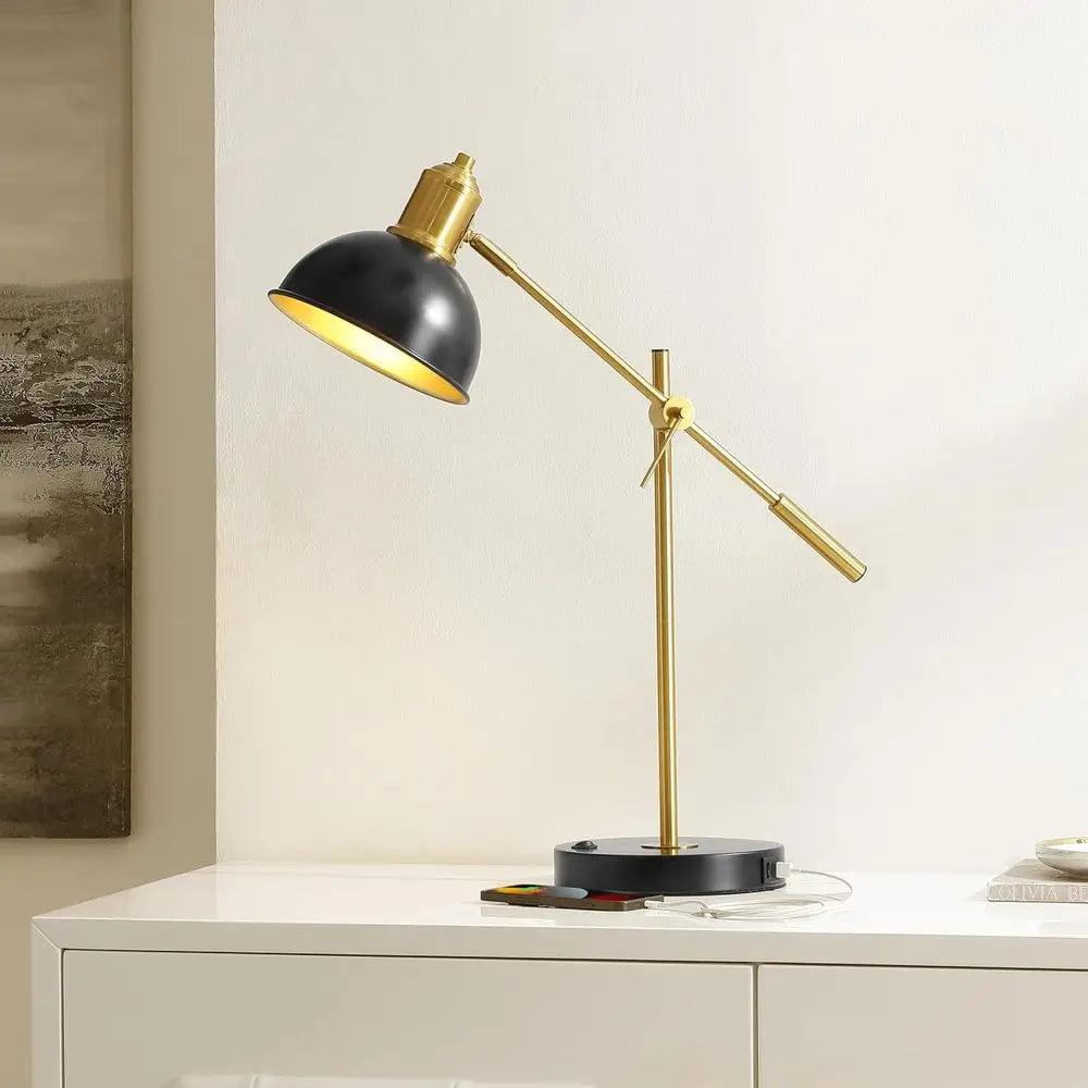 24-inch Adjustable Table Lamp with USB Port, Black/Brass Finish, Perfect for Living Spaces and Offices (LED Bulb Included)
