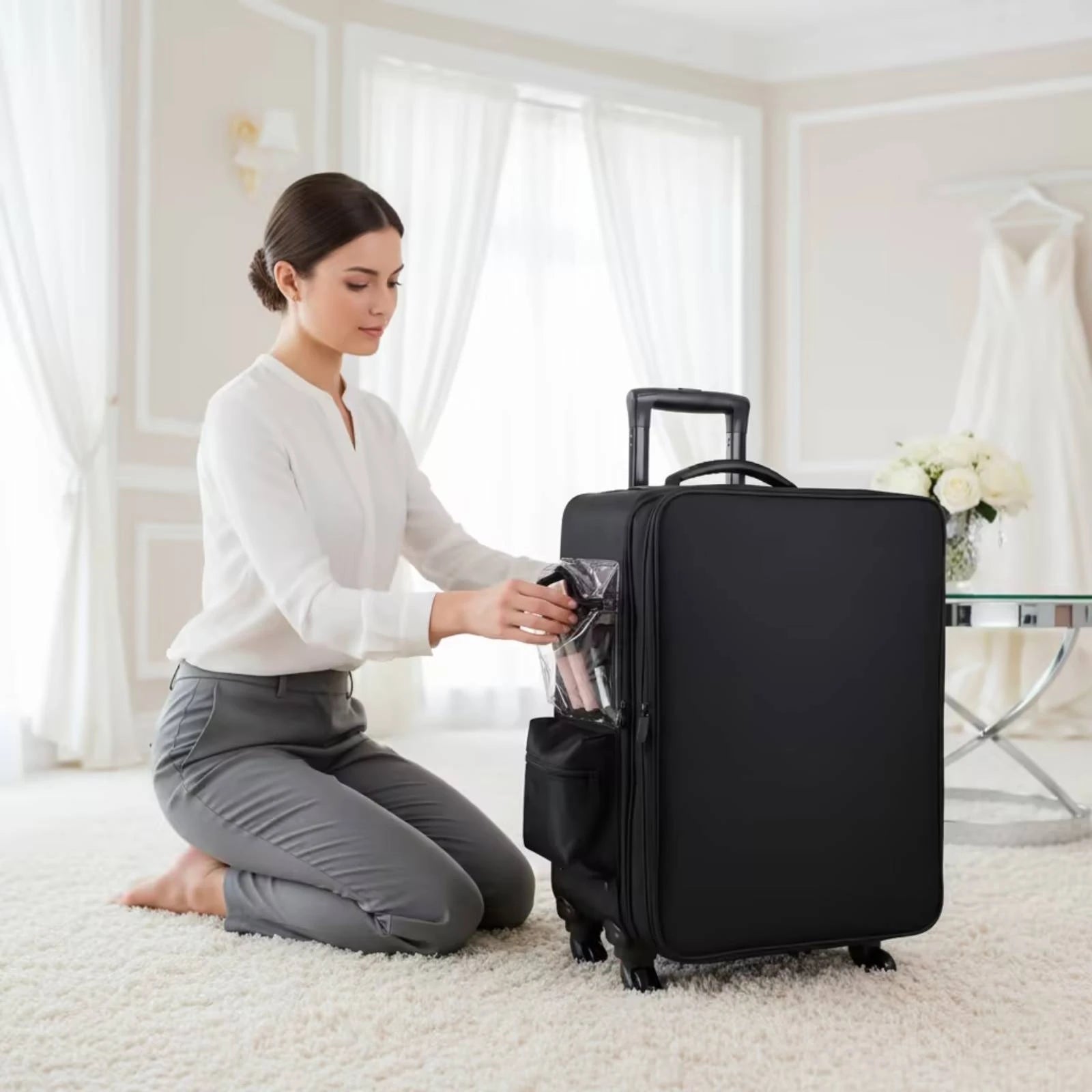 Makeup Case with Rotating Wheels Hard-Sided Sminkkoffert Med Hjul Sminkväska På Hjul Multi-Compartment Cosmetic Trolley Zippered