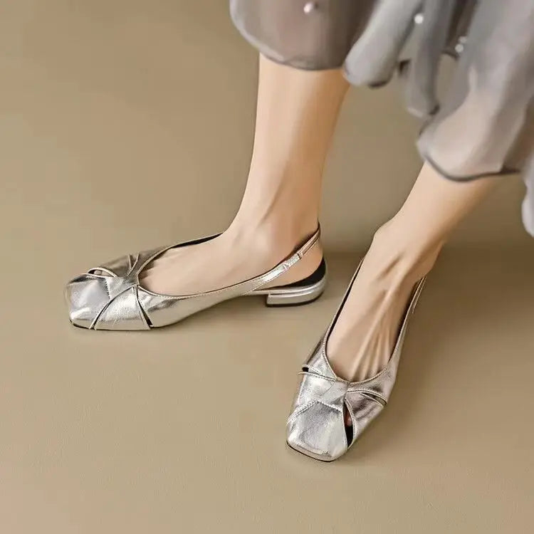 Cover Toe Low Heel Pumps Women's Sandals Gold Silver Slip on Comfortable Outwear Summer PU Leather Sandals Zapatos De Mujer