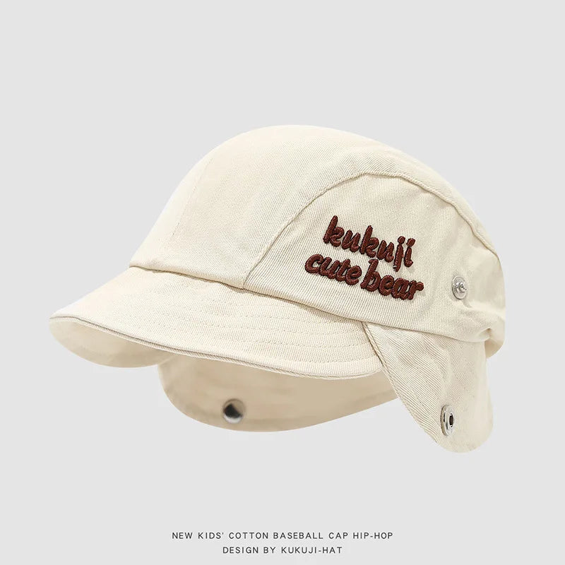2026 Autumn Baby Earflap Hat Cute Pompom Infant Beanie Cap Solid Color Letter Embroidery Kids Boys Girls Ear Protection Caps