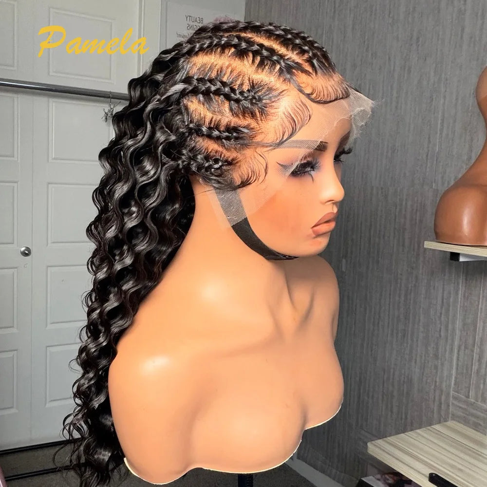 Handmade Pre Braided Wigs Pre Plucked Pre Bleached Cornrows with Curly Wig Human Hair 9x6 Pre Styled 100% Human Hair