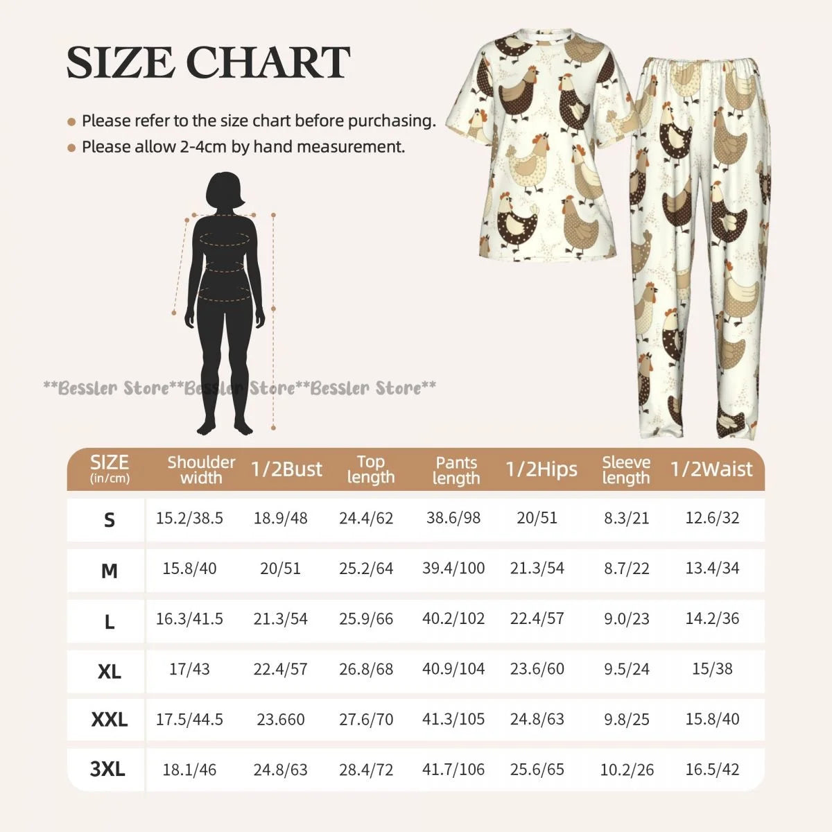 Women's 2-piece set Cartoon Chicken Pattern Pajamas Short sleeved Top and Pants Sleepwear