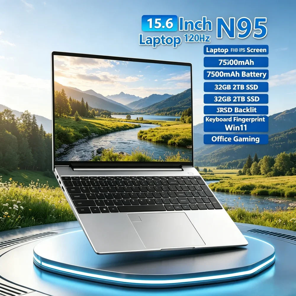 15.6 Inch N95 Laptop 120Hz FHD IPS Screen 7500mAh Battery 32GB 2TB SSD Backlit Keyboard Fingerprint Win11 Office Gaming Notebook