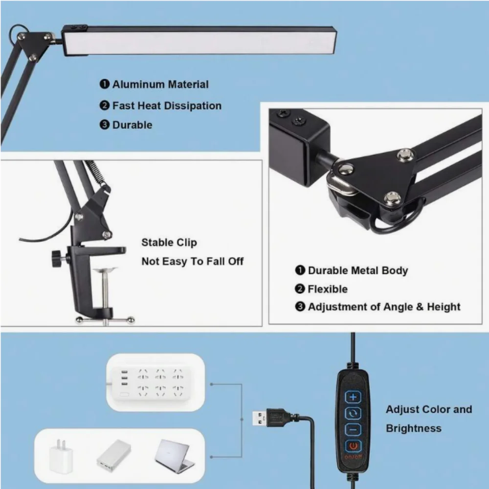 LED Desk Lamp For Home,Reading,Study,Adjustable Eye-Caring Desk Light with Clamp, 3 Color Modes,10 Brightness Table Light Office
