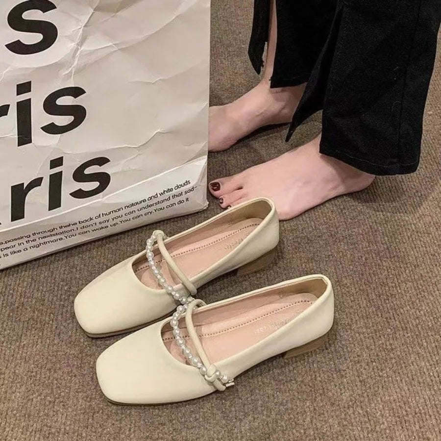 New Elegant French Flat Shoes Pearl Shallow Mouth Soft Leather Ladies Flats Comfortable Anti Slip Low Heel Women's Casual Shoes