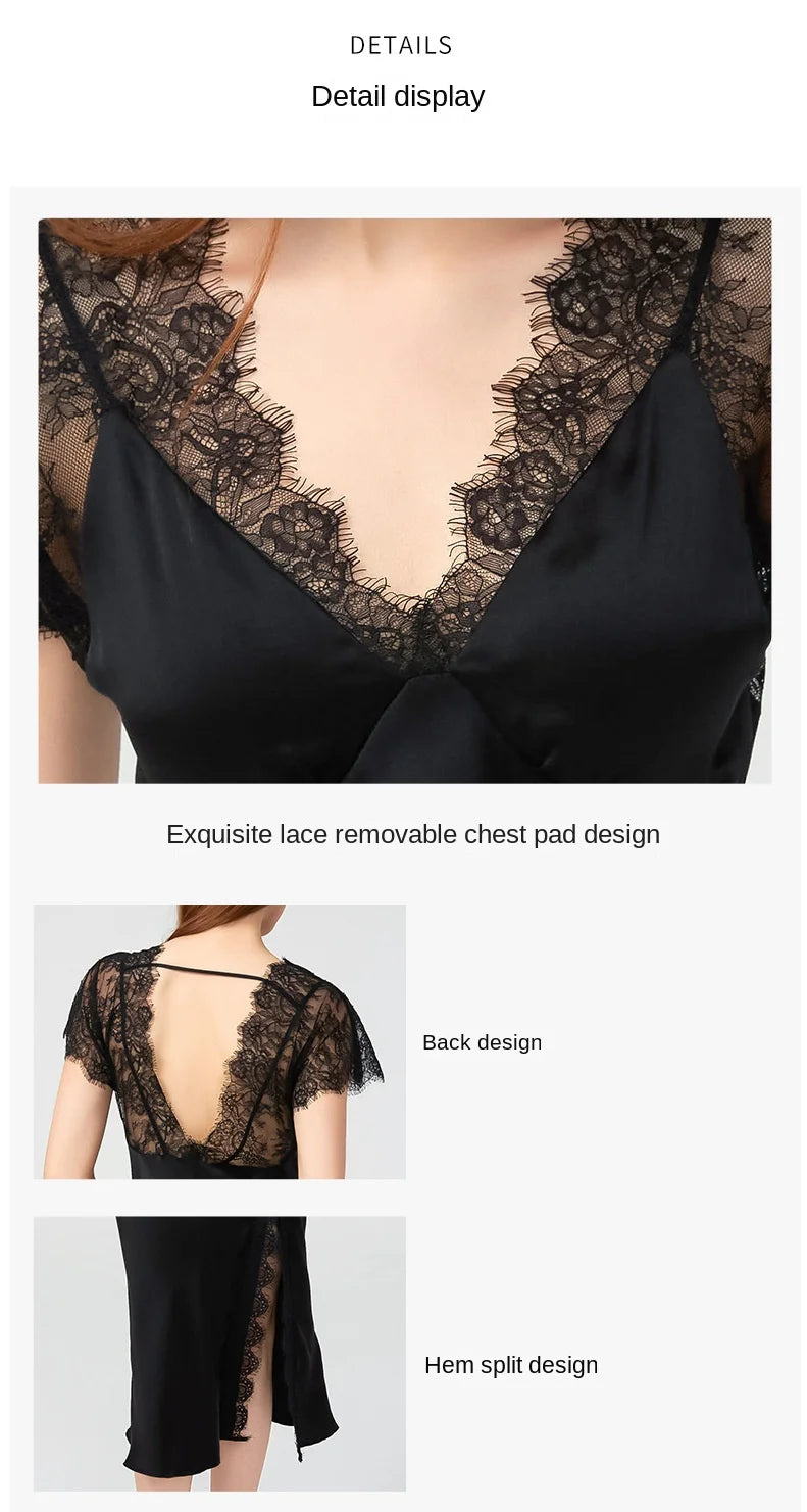 Women Sexy Lace Silk Nightdress 19 Momme Mulberry Silk Slit Design With Chest Pad Sleepwear Outdoor Dress