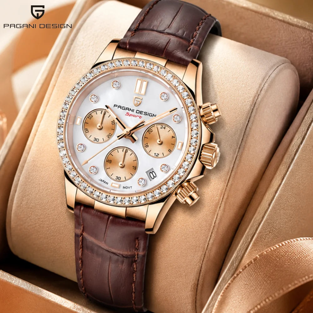 PAGANI DESIGN Women's Chronograph Quartz Watch Rose Gold Luxury Sapphire Stainless Steel Sport Elegant Women's Watch+Gift Box