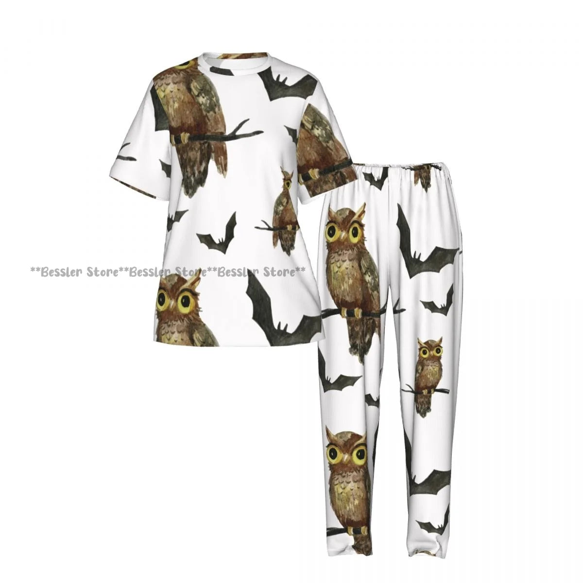 Women's 2-piece set Halloween Owls Bats Pattern Pajamas Short sleeved Top and Pants Sleepwear