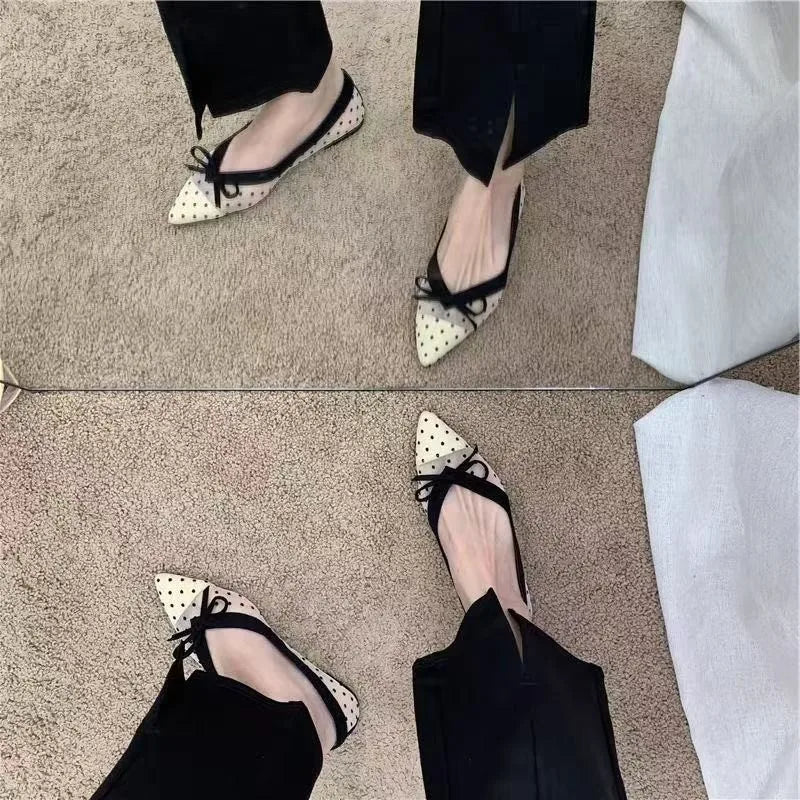 2026 Summer New Polka Dot Single Shoe Air Mesh Pointed Toe Butterfly Knot Soft Bottom Shallow Mouth Flat Heels Casual Women Shoe