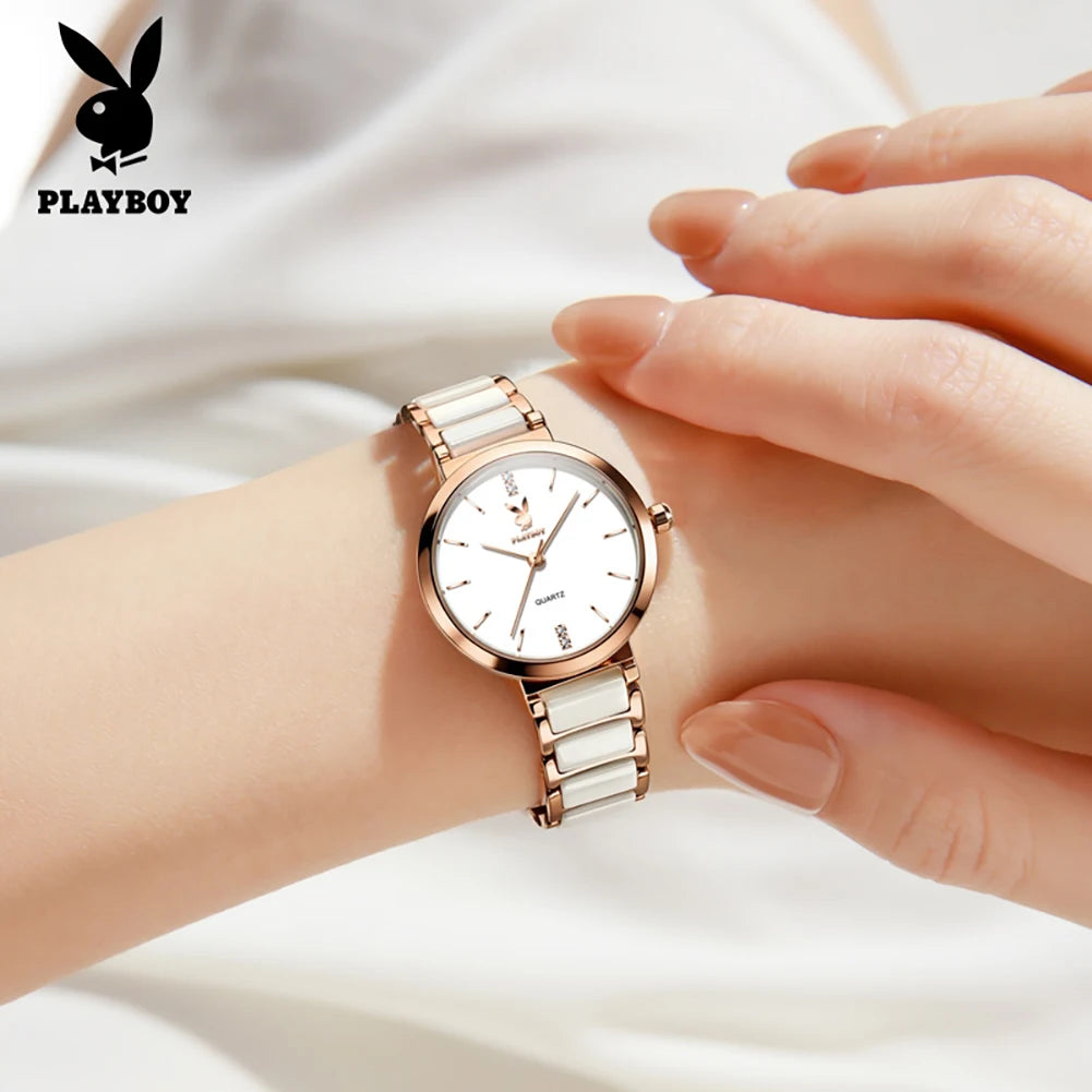 PLAYBOY 3128 Brand original authentic watch for woman Gift Box Ceramic strap quartz women's watch