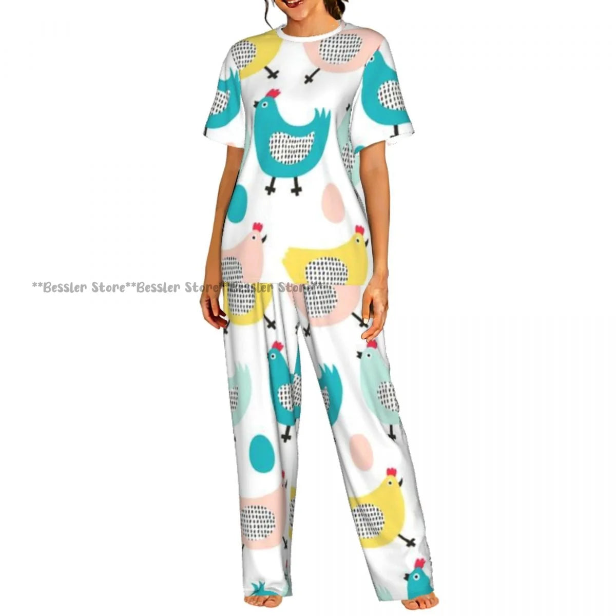 Women Pajama Sets Lounge Sleepwear Crispy Fried Chicken Pattern Short Sleeve Nightwear