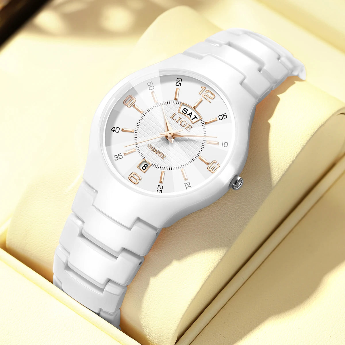 LIGE Fashion Elegant Women's Wristwatch Luxury Ceramics Strap Auto Date Week Waterproof Small Dial Quartz Watches for Woman Gift