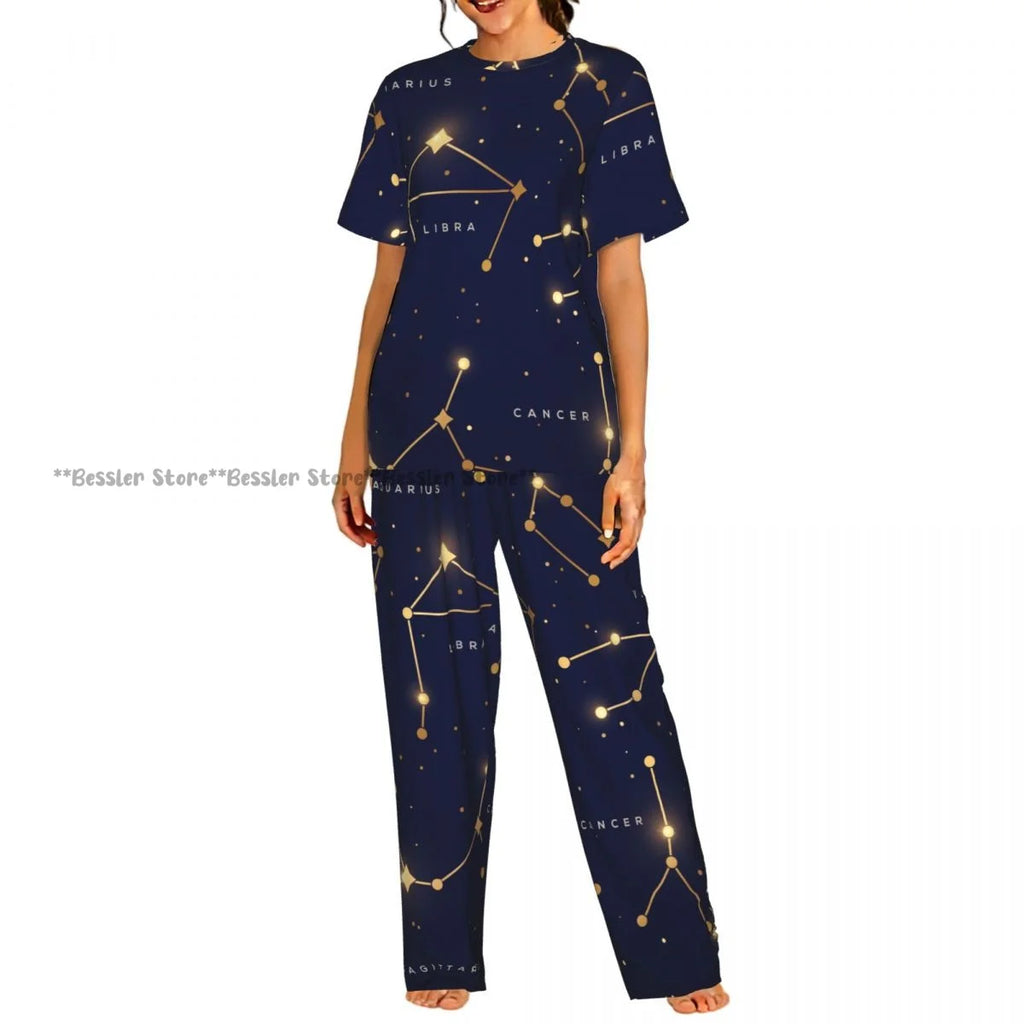 Women's Whales And Constellation Stars Watercolor short sleeve trousers casual pajamas set