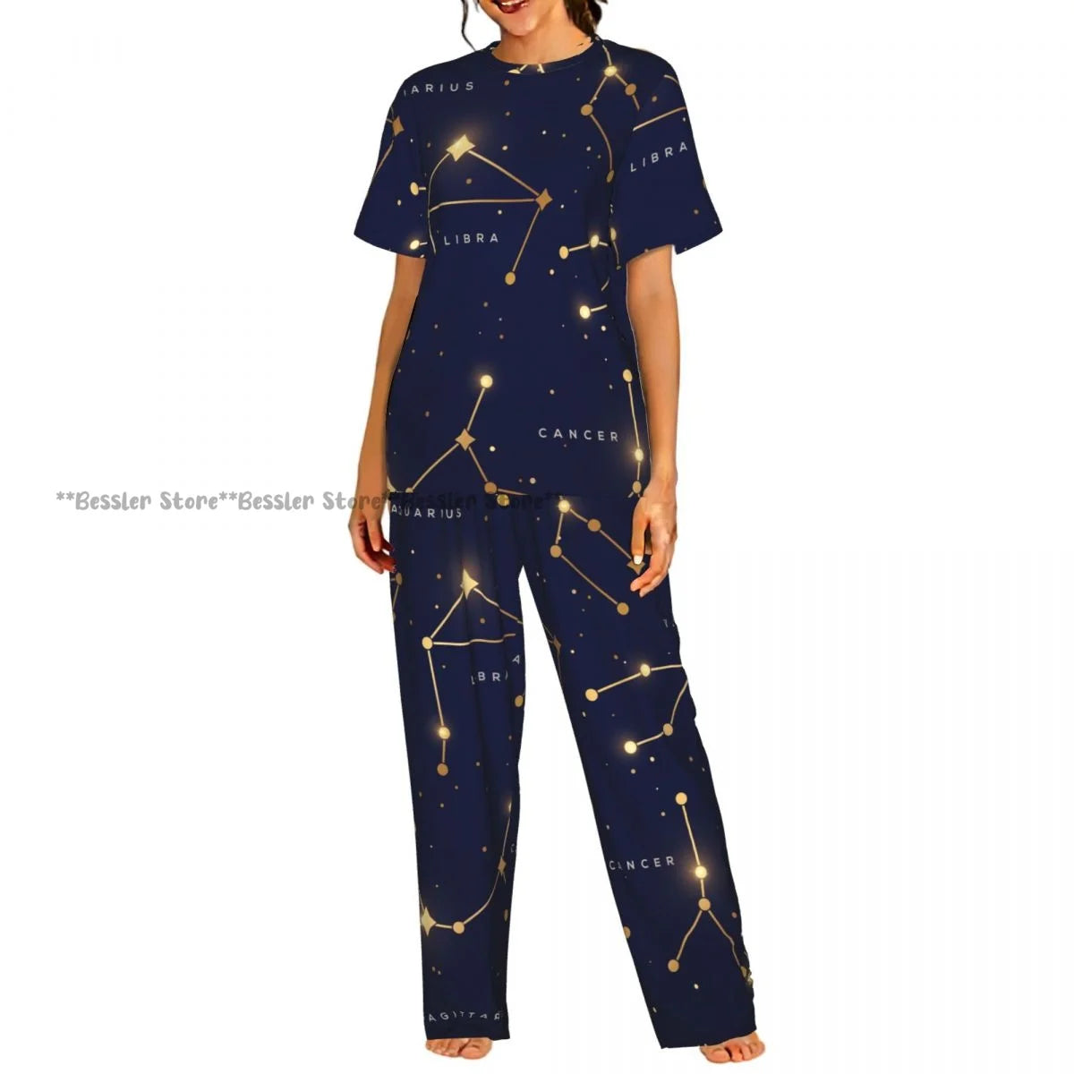 Women's Whales And Constellation Stars Watercolor short sleeve trousers casual pajamas set